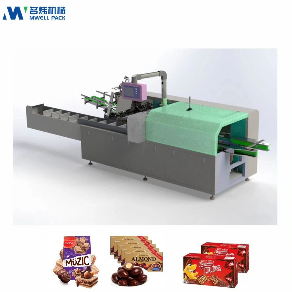 Mwjx-300 Große Spezifikation Automatische Kartoniermaschine / Kissen Automatische Horizontale Schokolade Bar Kuchen Wafer Biscuit Mini Seife Shrink Cartoning Flow Verpackung