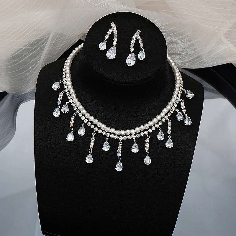 Yp192 Pearl Zircon Drop Necklace Collar Chain Earring Set Wedding Accessory