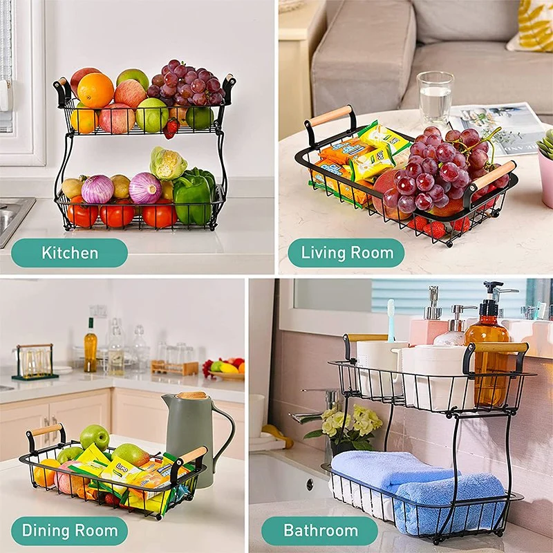 New Original 2 Tier Metal Wire Iron Rectangular Fruit Basket Storage Stand Detachable