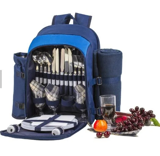 Cooler Compartment Wine Bag Picnic Set Multifunction 4 Person Picnic Backpacks Bags with Blanket