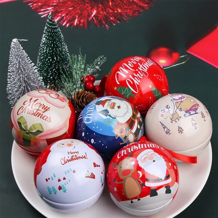 Home decoração de Natal Gift Candy Sweet Packaging Ball Shape Metal Caixa de estanho