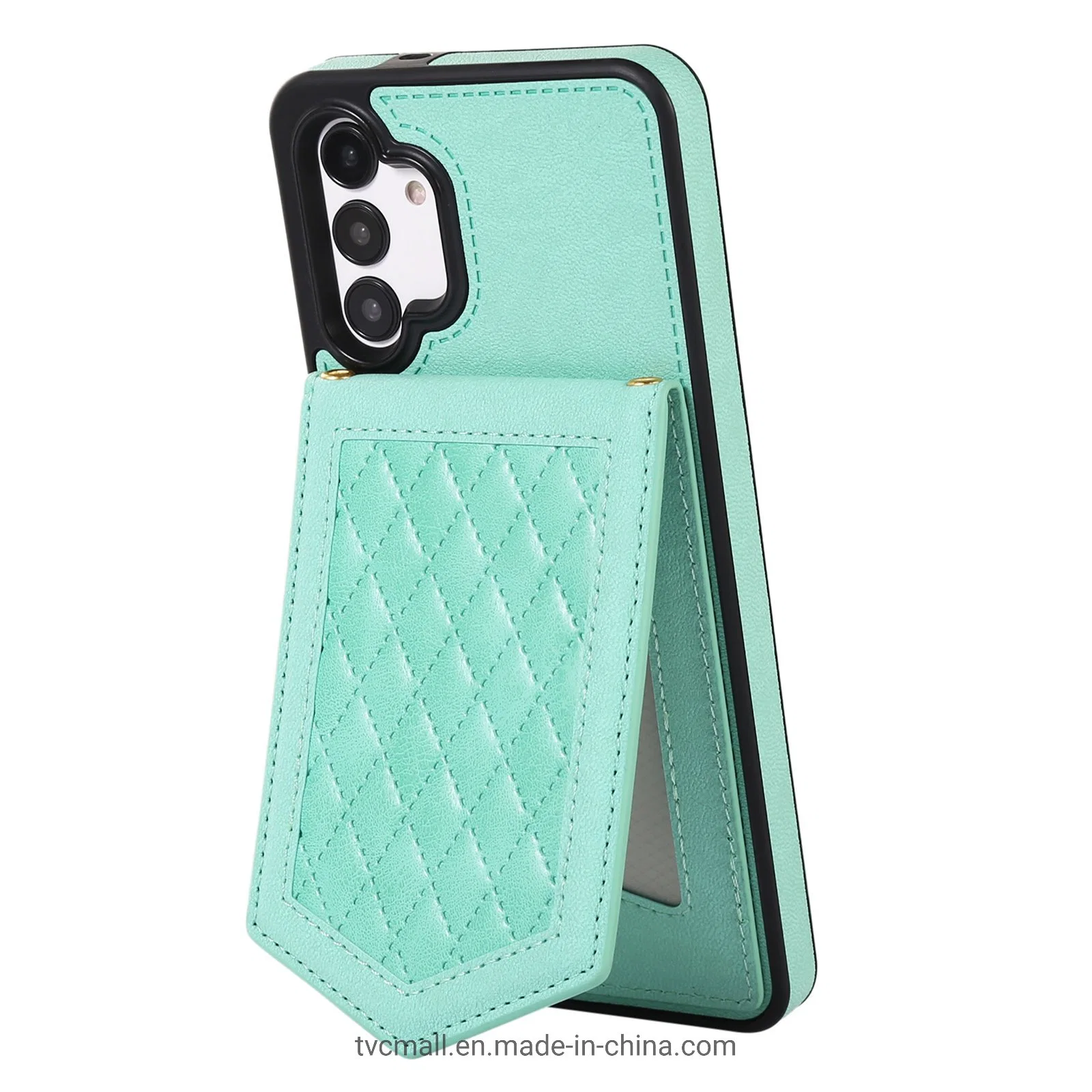 for Samsung Galaxy A13 4G / 5g, Makeup Mirror RFID Blocking PU Leather + TPU Kickstand Card Holder Phone Case with Shoulder Strap - Mint Green