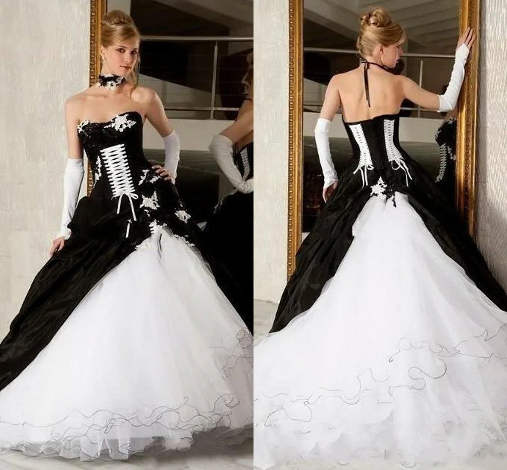 Robe bustier gothique blanc noir robes de mariée robe de bal robe Quinceanera D10