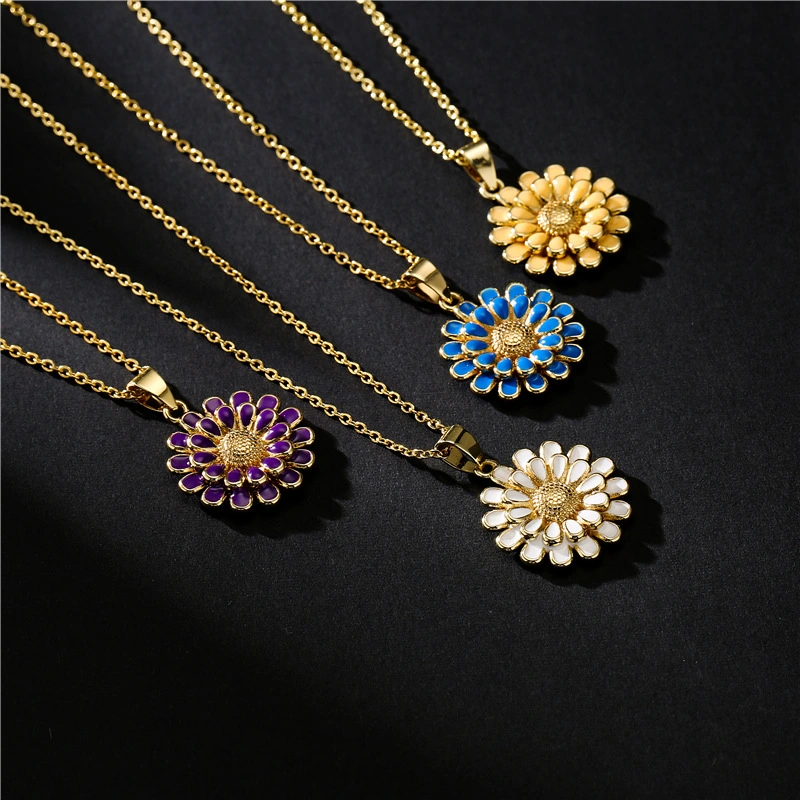 10 Color Drop Oil Sunflower Pendant Copper Plated 18K Gold Necklace Popular European and American Ornaments