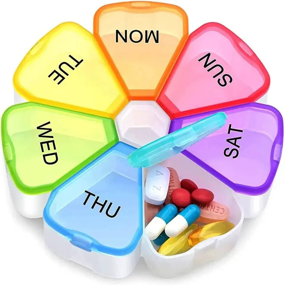 Cute Weekly Pill Box 7 Day, Round Floral Pill Case Organizer 1 Time a Day, Rainbow Pill Container Once Daily