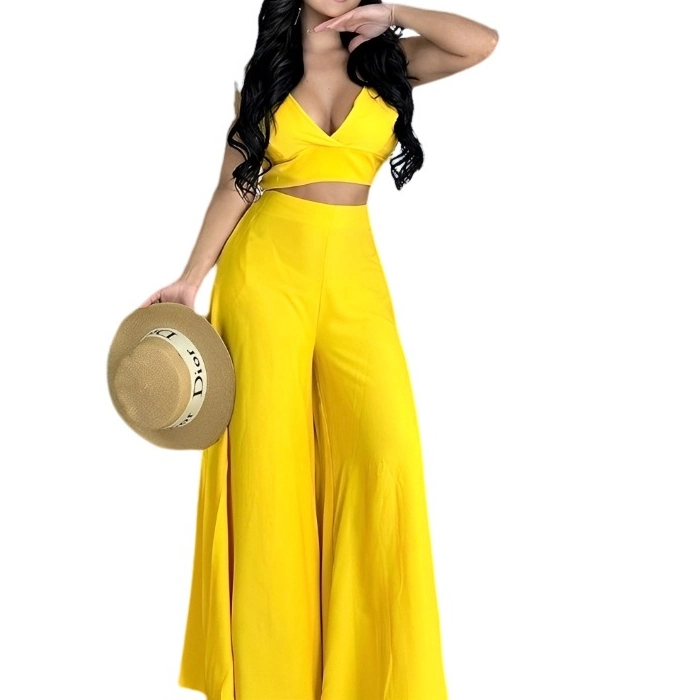 2023 New Design Spring 2 Piece Set Solid Color High Waist Wide Leg Pants Set with Pocket Casual Women's Set