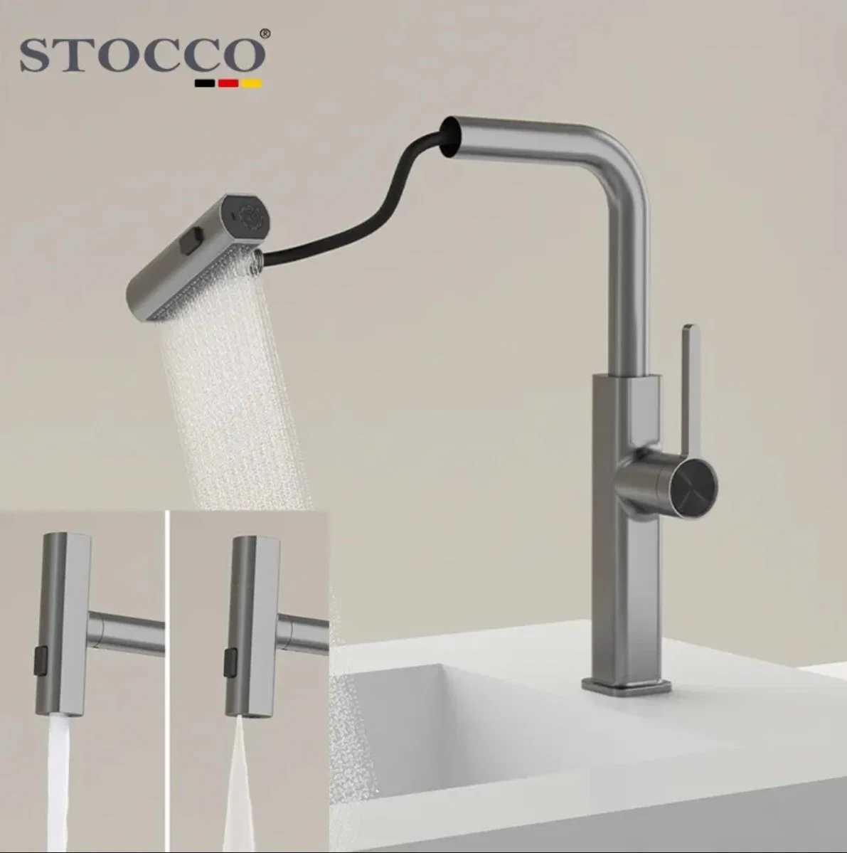 Stocco Unique Design Gun Cold Water Tap Single Hole Deck 3 Way Pull out Waterfall Kitchen Faucets