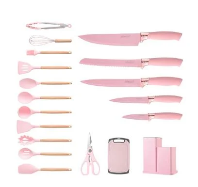 Hot Sale Silicone Steel Cooking Kitchen Utensils Tools Spatula Set with Holder, Wooden Handle Silicone Kitchen Utensils