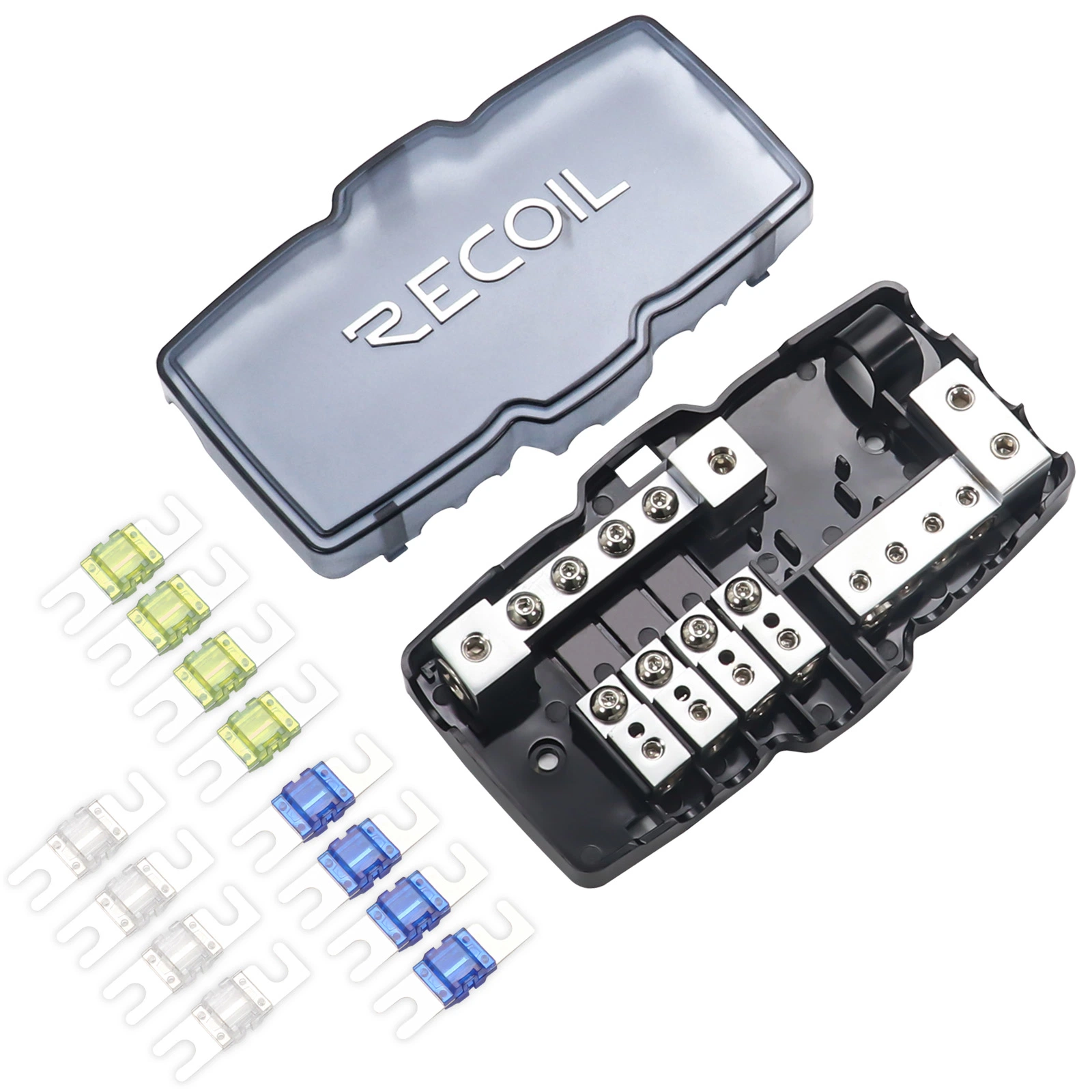 Edge Mpg4 4-Way Mini-Anl Fused Distribution Block with 4-Way Ground Block, Each Positive and Negative Block with Two 0/2/4 Gauge Inputs & Four 4/8 Ga Output