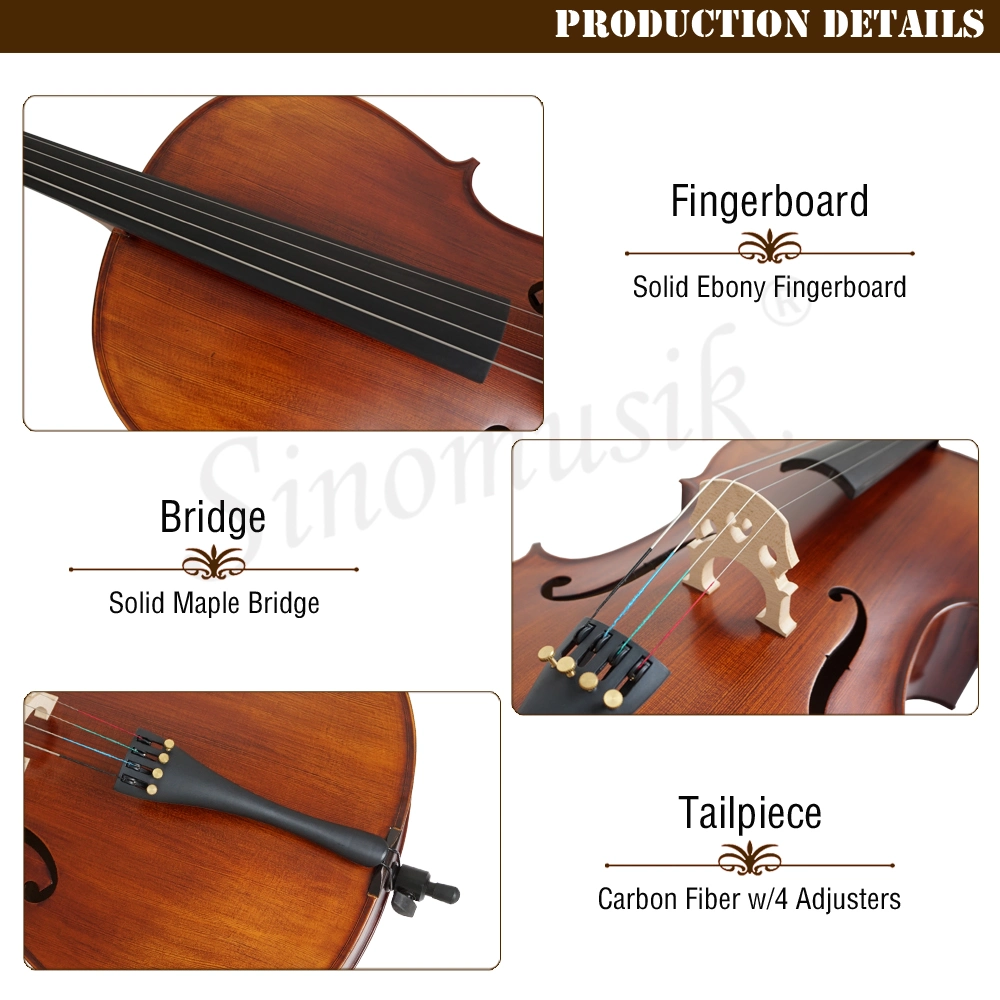 Matt Dark Red Brown Nice Flame Maple Carved Spruce Top Advanced Cello with Bag and Bow