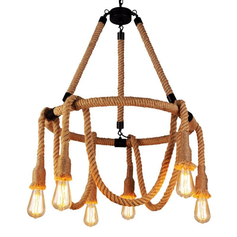 Vintage Hemp Rope Chandelier lámpara colgante Luz decoración interior Iluminación