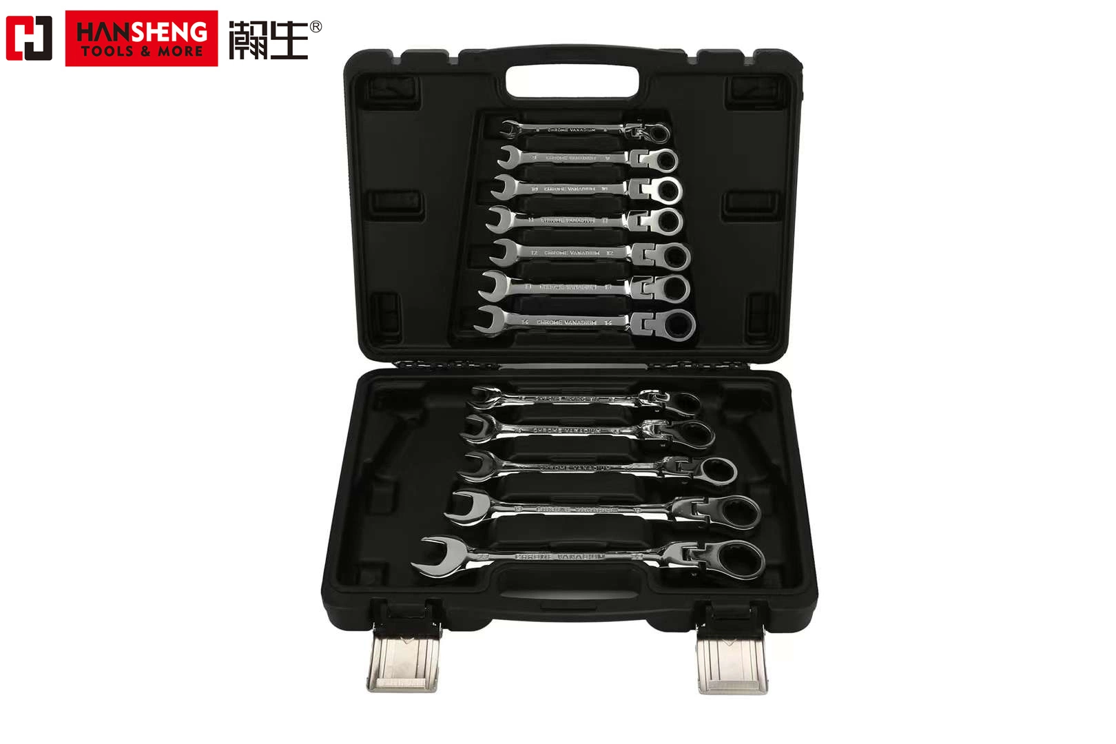 12PCS (8-22) Flexible Ratchet Wrench Set. Size: 8 9 10 11 12 13 14 15 16 17 19 22mm. 5 Set/CTN, Cr-V, Carbon Steel