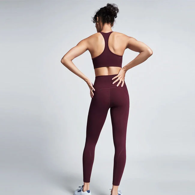 Personalizar ativo de 2 peças de desgaste Sexy Backless Sports Bras Cintura Alta Elevação Topo Workout Perneiras Ginásio Conjuntos de ioga mulheres Sportwear Fitness