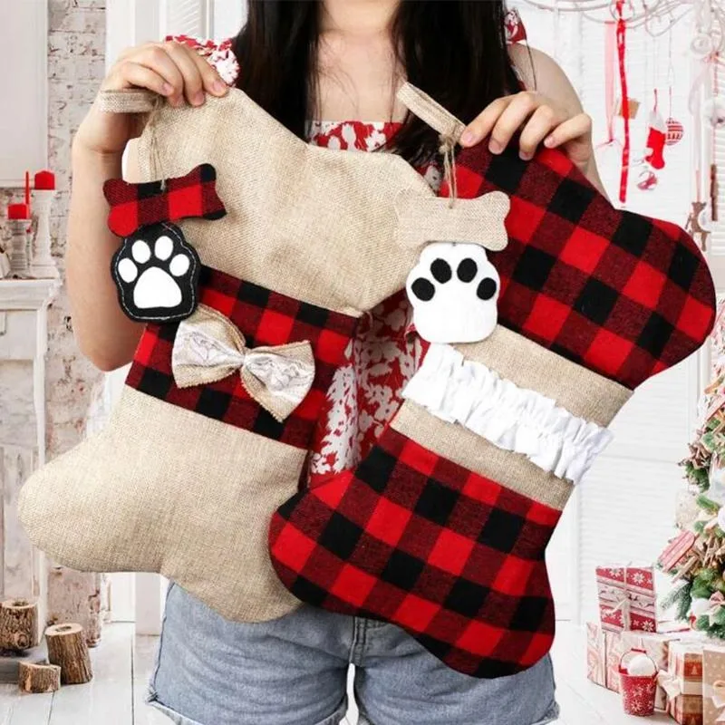 Calcetín decoraciones perro Gato como mascota Plaid Buffalo hueso grande forma de Medias de Navidad Mascotas