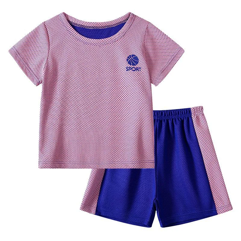 Fashionable Summer Boy Girl Clothes Suit Short Sleeve & Sleeveless Shirt Shorts 2PCS Quick-Drying Children Clothing Contrast Color Apparel Breathable Sportswear