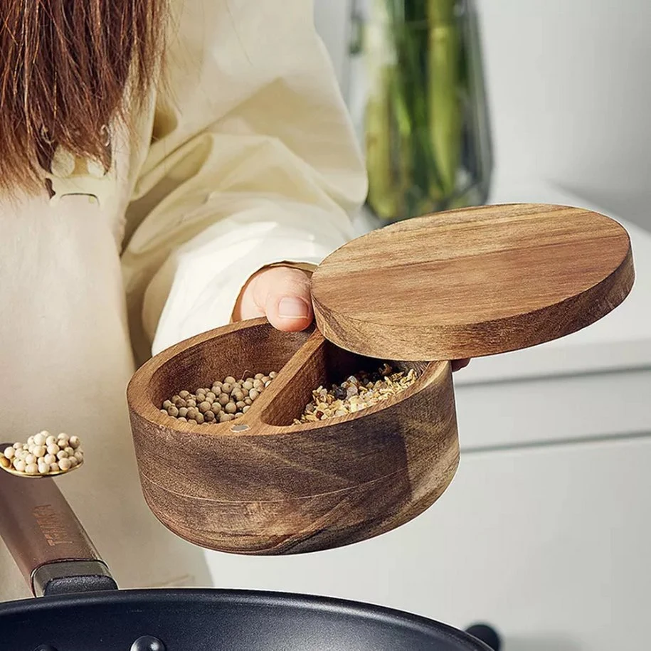 Acacia Wood Sugar Keeper Salt Cellar Pepper Box with Lid