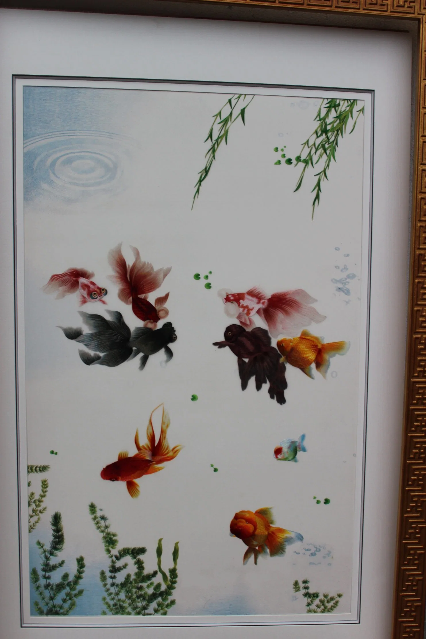 Hanging Painting, Lilac Flowers, Goldern Fish, Pure Handmade Embroidery Product, Decoration Collection