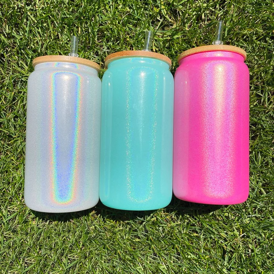 USA Warehouse Sparkle Shiny Glitter Glass Can Bulk White Glitter Shimmer Can Glass Mug Blue Pink White Silver Purple Soda Beer Coffee Tumbler Cups USA Warehouse