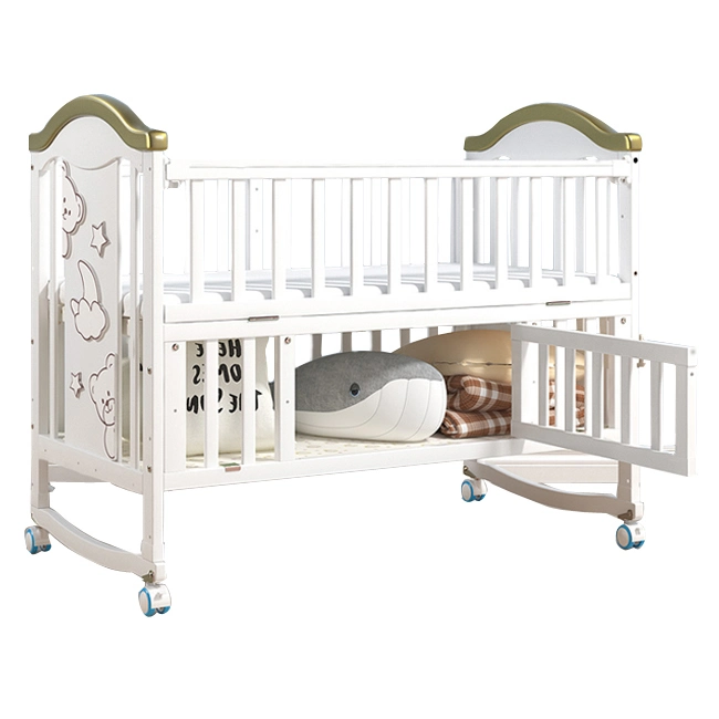 European Style New Zealand Pine White Baby Crib Splicing Bed