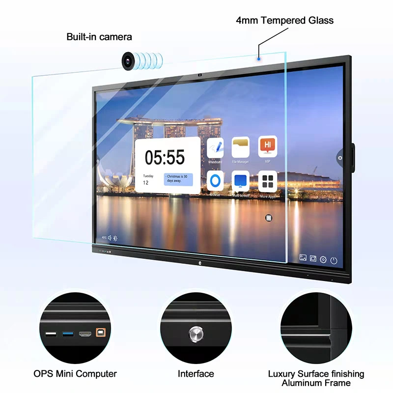 86"Android 13.0 Wireless Control (التحكم اللاسلكي) شاشة تعمل باللمس ذات 20 نقطة مقاومة للتوهج شاشة LCD تفاعلية للكتابة على اللوحة المسطحة اللوحة البيضاء للمدرسة والأعمال مع الكاميرا