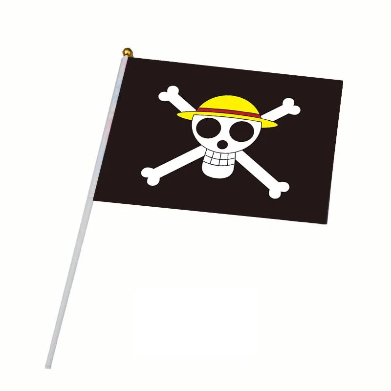 Custom Wholesale/Supplier 14X21cm 100d Polyester Plastic Pole and Wooden Pole Pirate Flag Handing Flag