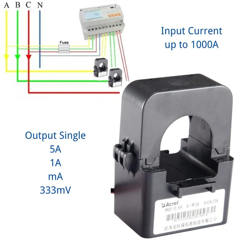 Ouvrir le noyau fractionné courant en entrée de transformateur de courant 5A-1000A, courant de sortie 5 mA 10mA 20mA 40mA 75mA 100mA 333mv 1A 5A avec une précision de 0,5 par conducteur en cuivre