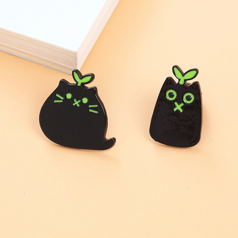 Custom Logo Cartoon Nerdy Black Animals Cute Green Sprouting Cats Shirt Backpack Accessories Gifts Alloy Metal Hard Soft Brooch Enamel Badge Lapel Pin