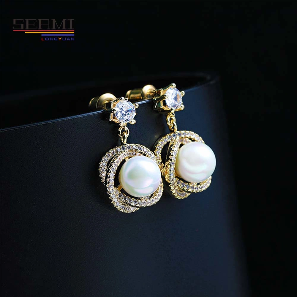 Elegant Gold Filled Zircon Ladies Dangle Drop Earrings with Pearl