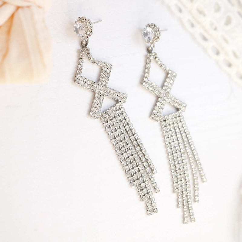 Wholesale/Supplier Bridal Rhinestones Tassel Earrings Silver Clear Rhinestones Stud Earrings Wedding Jewelry