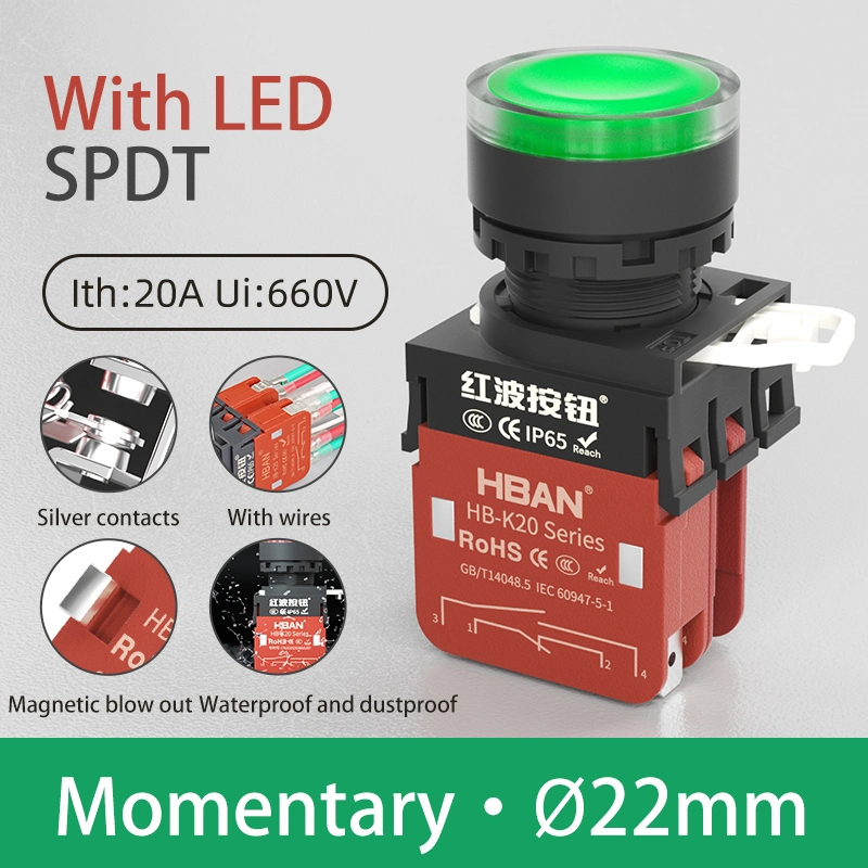 Momentary LED Green Light DOT Illumination 1no 1nc Flat Head Pushbutton Switch 12V