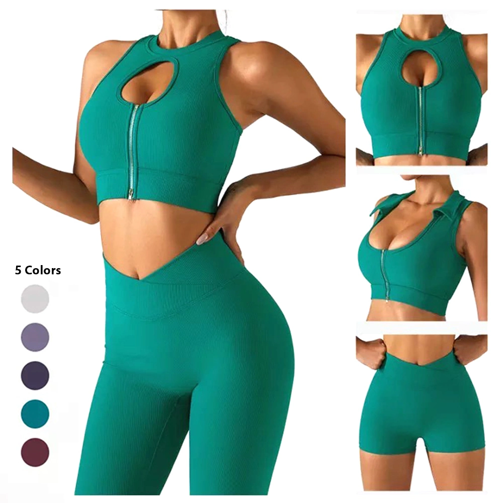 Tianchen Factory Custom Luxury and Sexy Ribbed Gym Wear for Ladies, 2/3/4 PCS Womens Zip up Fitness Top + Cross Waist Yoga Shorts Leggings Fashion Sportswear