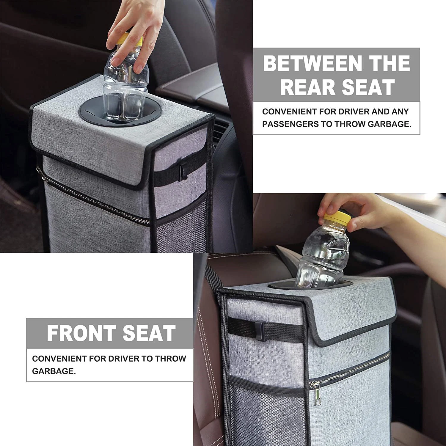 Car Trash Can with Lid and Storage Pockets