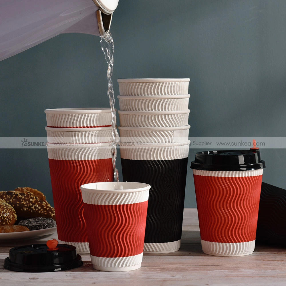 Custom Printing Disposable Takeout Hot Coffee Tea Beverage Drinks 3 Layer Ripple Wave Wall Paper Cup