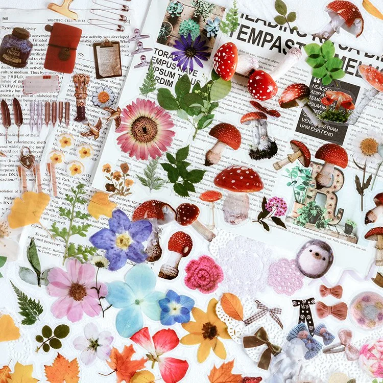 La Chine fournisseur DIY Vintage fleur des feuilles des plantes Journal étiquette Die Cut Adhésif Décoratif Pet Stickers étanche