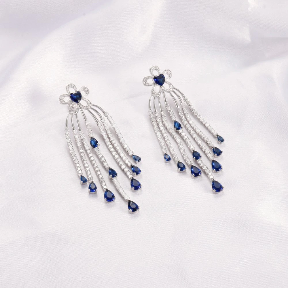 Bridal Wedding Fashion Jewelry Pendiente Aretes Dubai Bridal Earrings for Women Long Tassel Earrings for Bridal Sterling Silver 925 Sapphire Earrings