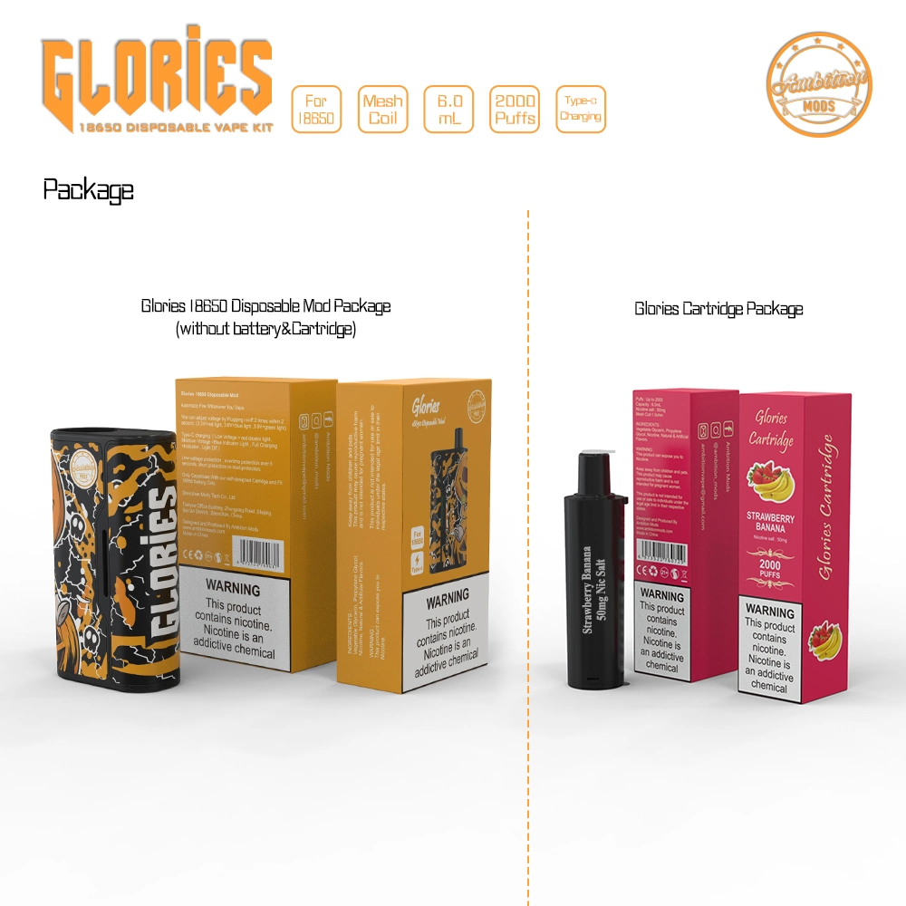 Glorias desechables desechables de portátil 18650 Kit de Vape ambición Mods 2000 inhalaciones Atomizer