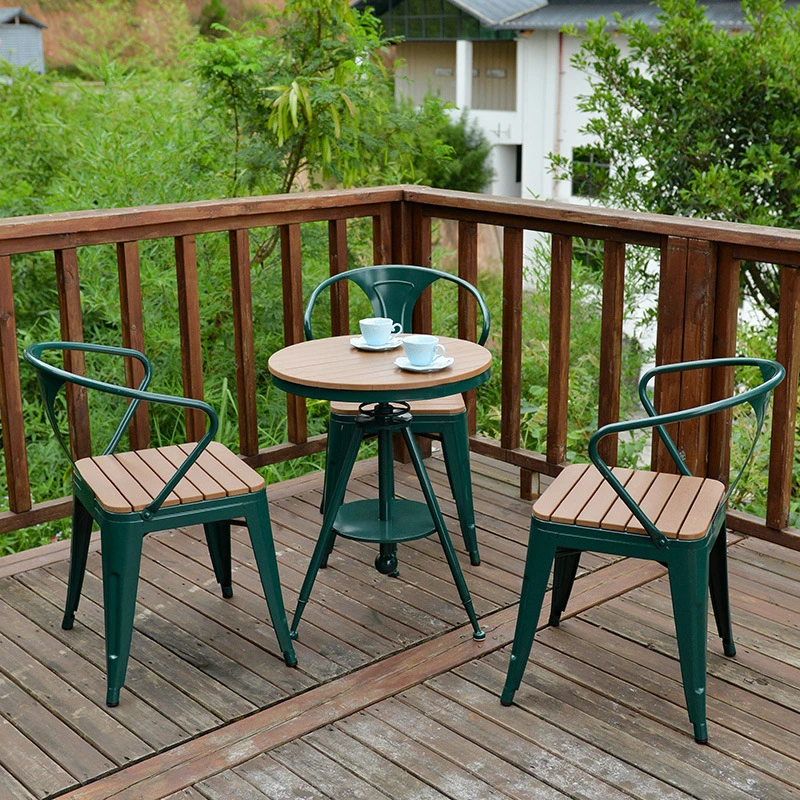 Imitación de madera Muebles de jardín silla y mesa de metal al aire libre Piscina de 2 4 6 Tabla de asiento de muebles de jardín