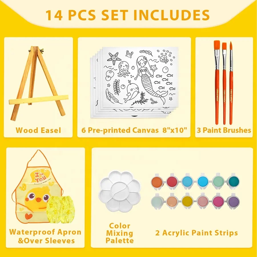 Creative DIY Pre Printed Painting Kits Canvas Panel Easel Brush Paint Kids Coloring Set for Girls