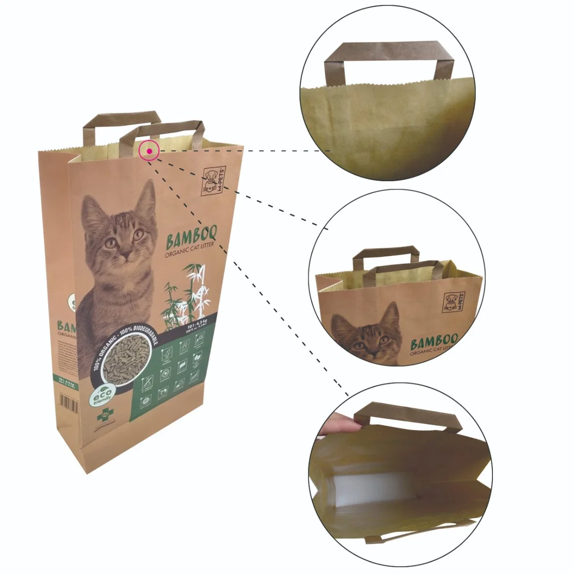 Compras promocionais de lixo de arroz de oferta de lixo de arroz de comida reutilizável FSC com embalagem biodegradável Embalagem com pega de papel Kraft White Brown para animais de estimação de lixo da Cat Saco de papel