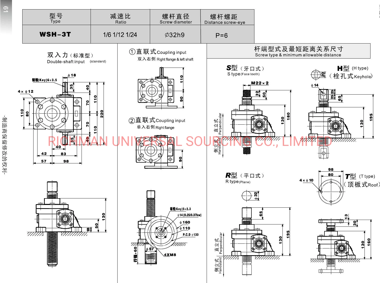 Wsh Worm Gear Unit Screw Jack Elevator Motor