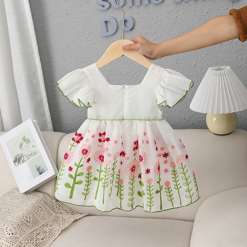 Children's Clothing 2023 Summer New Girl's Dress Exquisite Water Grass Embroidery Children's Short-Sleeved Princess Dress