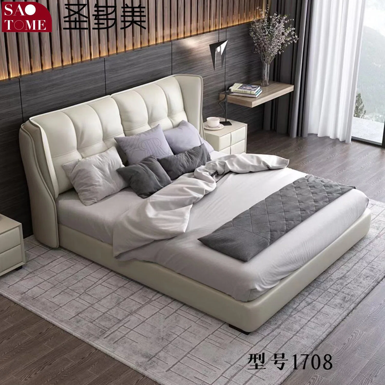 Hogar muebles de cuero de Champagne madera Bastidor de acero de madera maciza de doble cama King Size