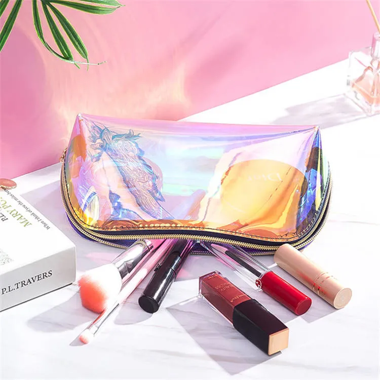 Low MOQ Custom Logo Clear Transparent Holographic Makeup PVC Pouch