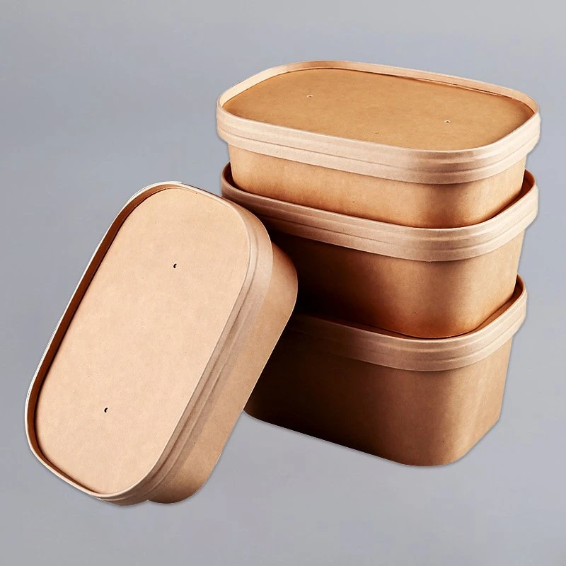 Kraft Single Paper Bowl Takeout Boxes Disposable for Salad Bamboo Pulp Rectangular Paper Food Bowl Container Supplier with Lid