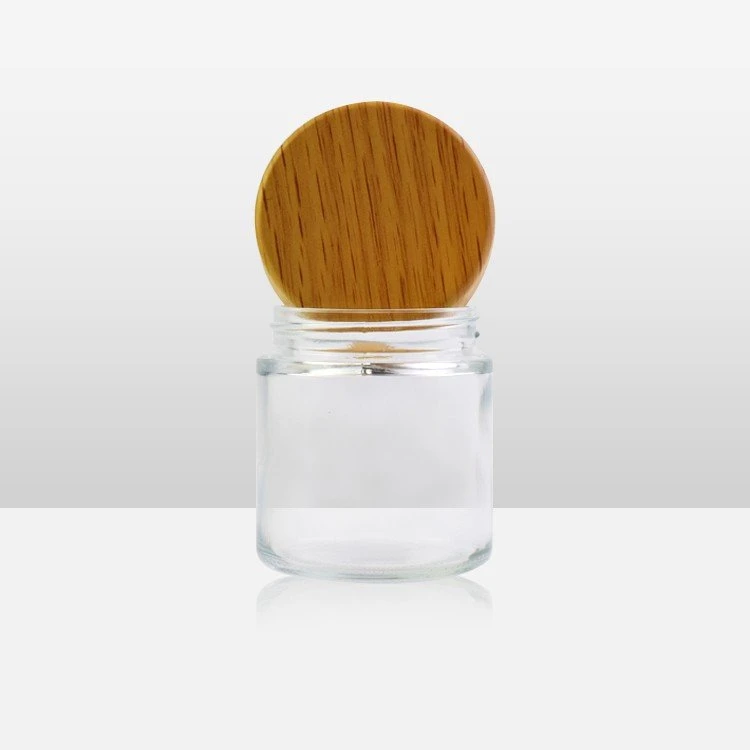 Round Clear Glass Jar Wooden Lid Flower Packaging