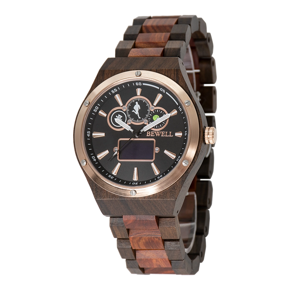 Bewell Handcrafted Wooden Smart Wrist Watch with Ss Bezel and Backcase for Mens 3ATM Waterproof