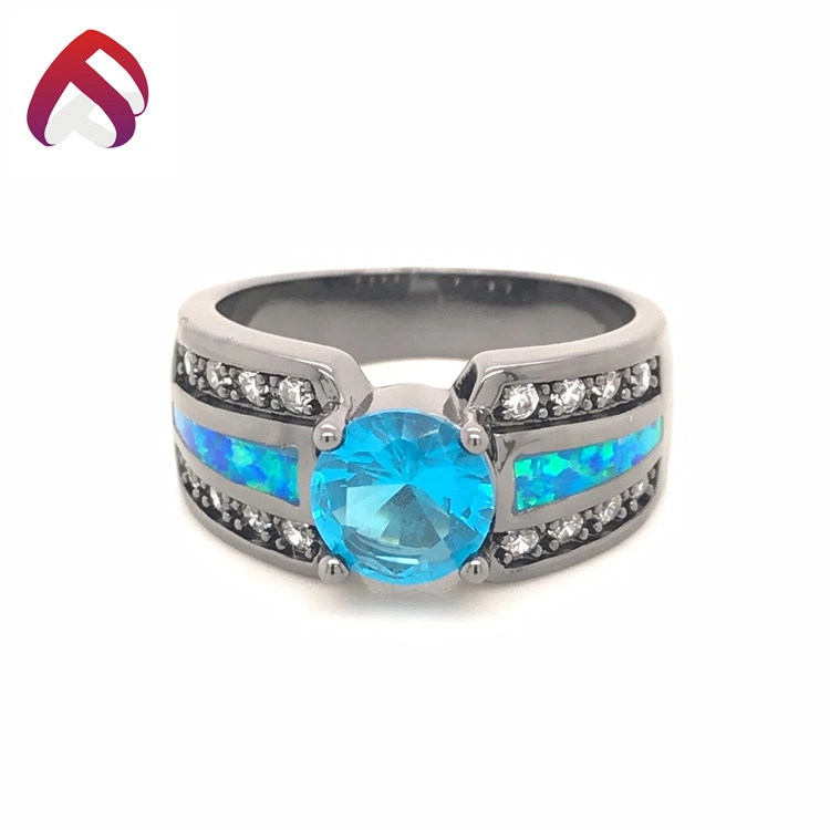 Exquisite Blue Imitation Fire Opal Ring with Round Synthetic Aquamarine Fashion Jewelry