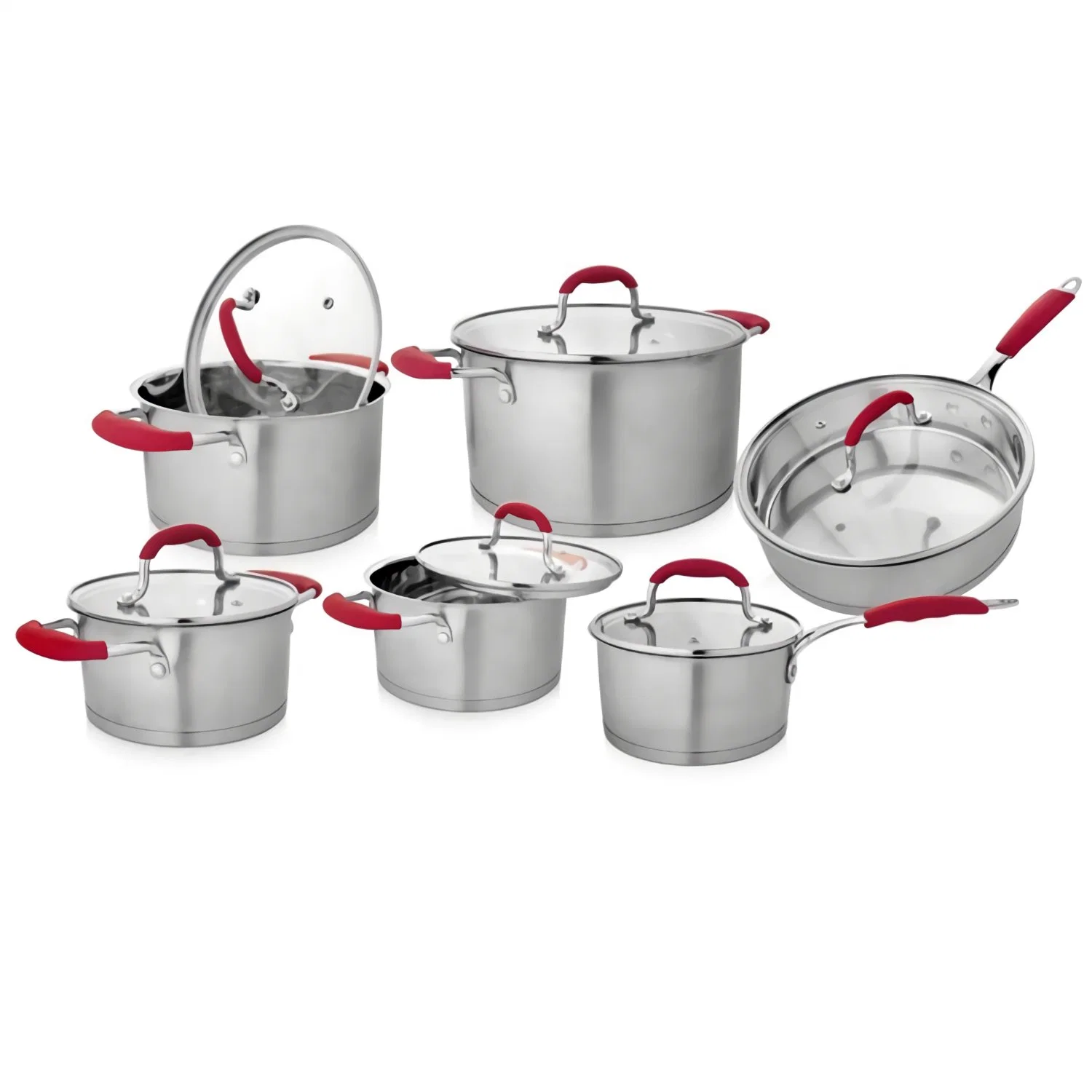 Stainless Steel Cookware Set 12PCS with Tempered Flat Glass Lid, Metal Soup Pots and Pans Induction Compatible, Non Stick Kitchenware for Any Cooktops