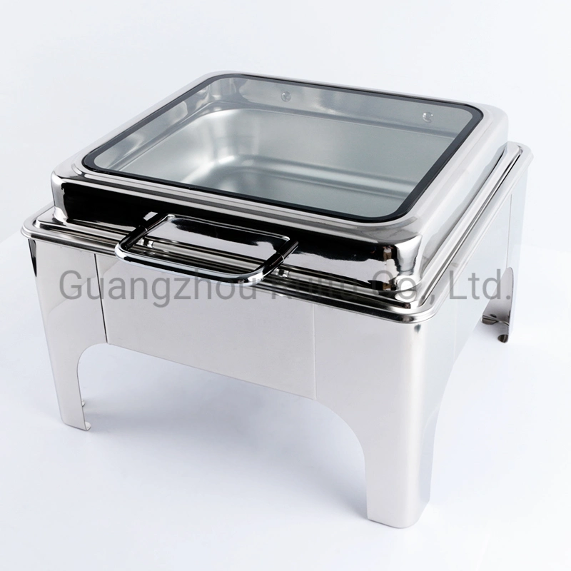 6L gran ventana de cristal de acero inoxidable Chefing Dish con calentador de combustible eléctrico o el roce de alimentos platos Warmer parte redonda de ajuste de la boda Buffet de comida caliente estufa