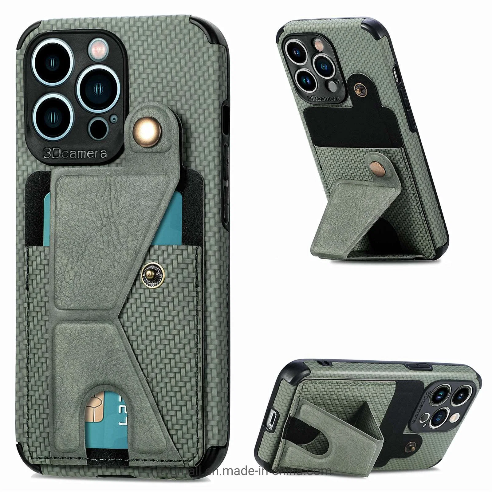 K-Shape Kickstand Leder beschichtet TPU-Fall für iPhone 13 pro 6,1 Zoll, Carbon-Faser Textur Telefon Cover mit Kartenhalter und integrierte Metallfolie - Grün